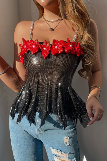 sexy non-stretch metal chain sequins flower decor sling vest