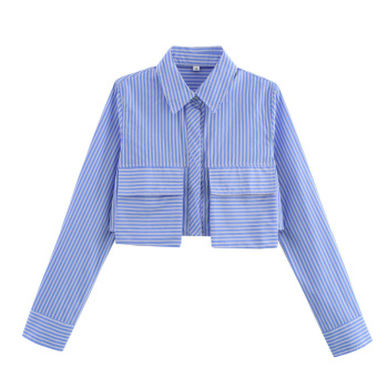 casual non-stretch stripe printing lapel pocket blouses