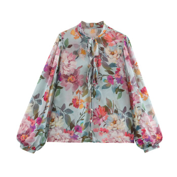 casual non-stretch chiffon flower batch printing blouses