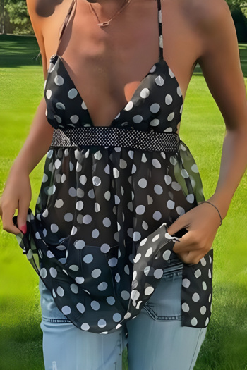 exquisite non-stretch halter-neck dot batch printing tank top