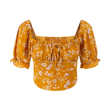casual non-stretch floral batch printing square neck blouses(size run small)