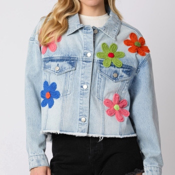 stylish slight stretch patchwork flowers long sleeve denim jackets