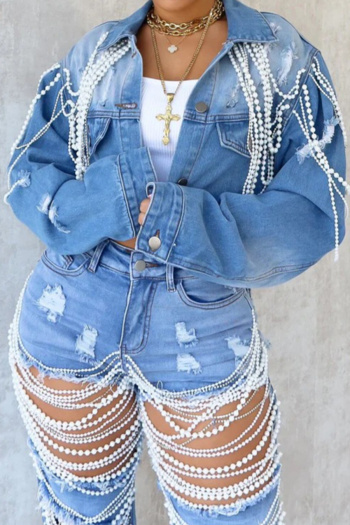 sexy plus size non-stretch denim pearl chain decor button crop jacket