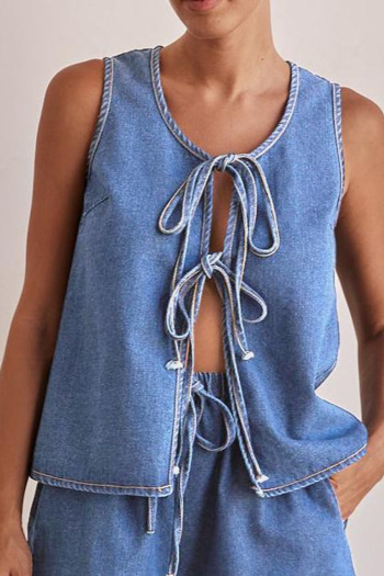new plus-size non-stretch patchwork denim lace-up tank tops