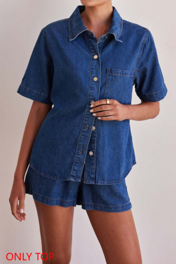 casual plus-size non-stretch solid color denim short-sleeved tops