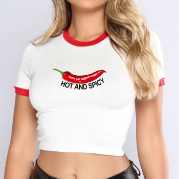 casual slight stretch chili pepper letter print contrast color collar t-shirt