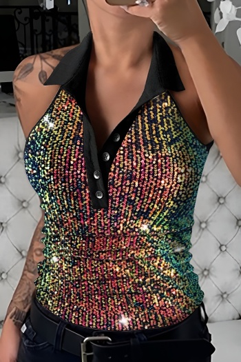 stylish plus size slight stretch sequin decor turndown collar vest