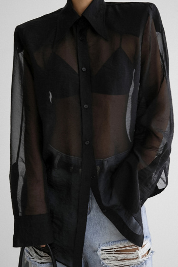 sexy non-stretch see-through lapel solid color blouses