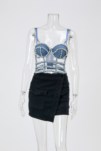 sexy non-stretch 2 colors sling rhinestone hollow with padded tight denim vest
