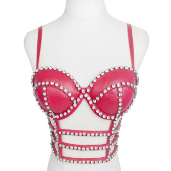 sexy non-stretch 5 colors sling rhinestone hollow with padded tight pu vest