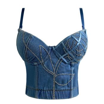 sexy non-stretch sling with padded rhinestone flower tight denim vest