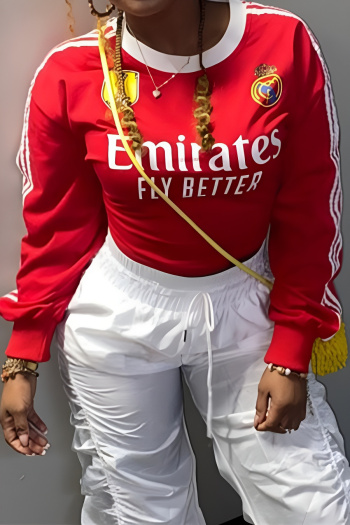 stylish slight stretch contrast color letters fixed printing long sleeve tops