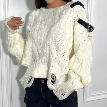 stylish slight stretch knitted pu leather stitching loose ripped sweater