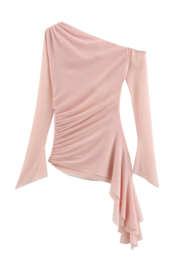 casual slight stretch shirring one shoulder solid color top