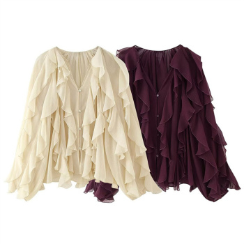casual non-stretch ruffle decor v-neck solid color blouses
