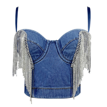 sexy non-stretch sling with padded rhinestones tassel decor denim vest
