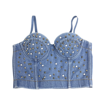 sexy non-stretch sling with padded rivet rhinestones decor denim vest