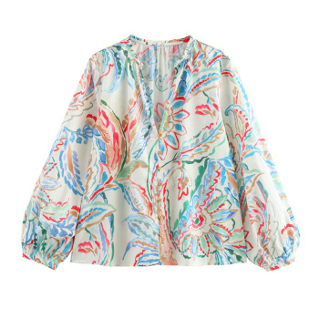 casual non-stretch flower batch printing v-neck blouses