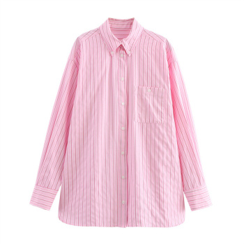 casual non-stretch stripe printing lapel button loose blouses