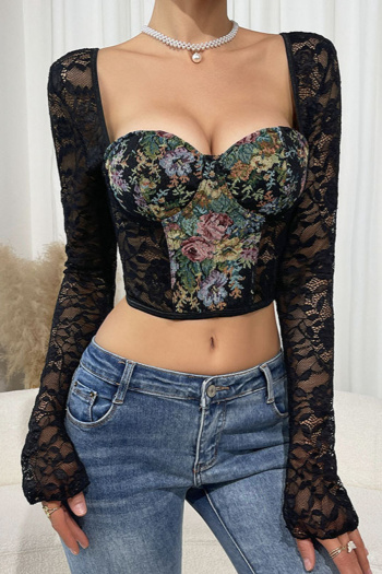 sexy slight stretch see-through lace splicing with underwire tight crop top