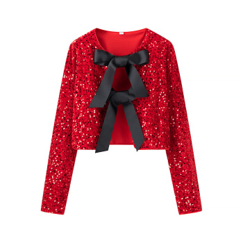 exquisite slight stretch 4 colors sequin bow long sleeve top(size run small)