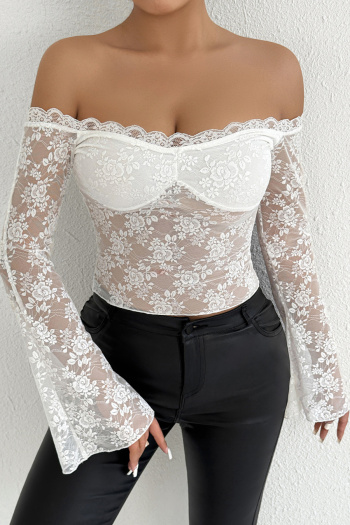 sexy slight stretch off shoulder see-through lace slim fit top