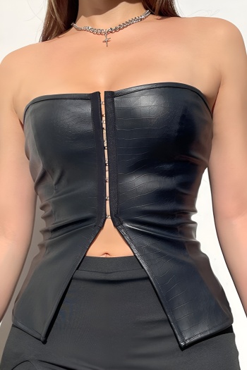 exquisite slight stretch pu leather single row hook split bandeau vest