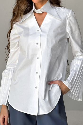 casual non-stretch solid color lapel pleated sleeve blouses