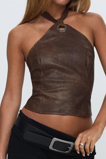sexy non-stretch halter neck slim fit lace-up backless pu vest
