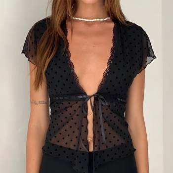 sexy slight stretch mesh see-through polka dot print slit top