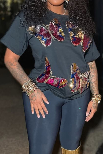 casual slight stretch sequin butterfly decor crew neck t-shirts