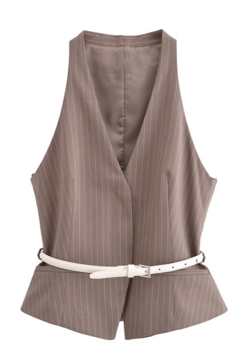 casual non-stretch v-neck stripe printing with belt tank top