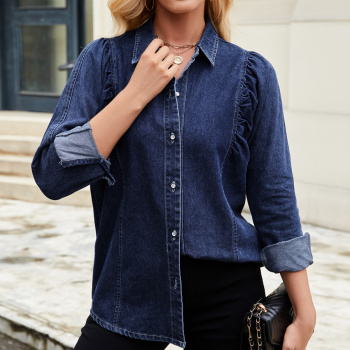 casual non-stretch solid color single-breasted pleated denim jacket