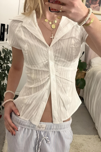 new non-stretch patchwork solid color slight see-through short-sleeved blouse