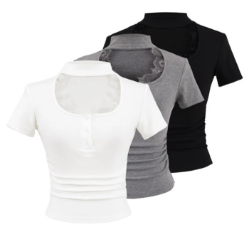exquisite slight stretch 3 colors crew neck hollow lace trim top(size run small)