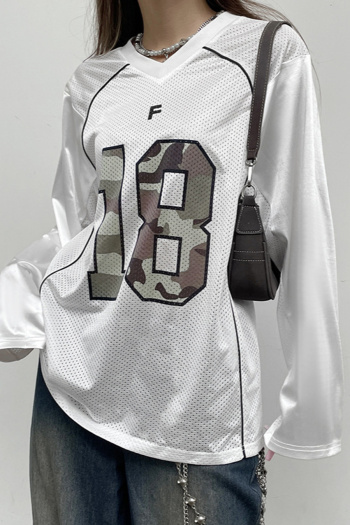 casual slight stretch breathable number print v-neck long sleeve loose t-shirt