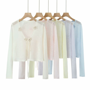 casual slight stretch 5 colors ribbed knit flower decor sweaters(size run small)