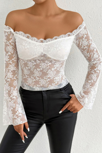 stylish slight stretch patchwork lace white 12off-the shoulder see-through tops