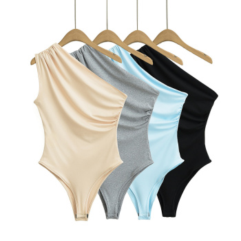 casual slight stretch one shoulder shirring solid color bodysuit(size run small)