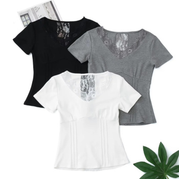 casual slight stretch stitching lace 3 colors v-neck trim top(size run small)