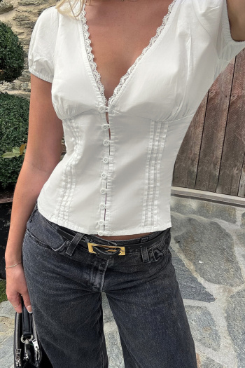 casual non-stretch v-neck slim fit single-breasted short-sleeved shirt