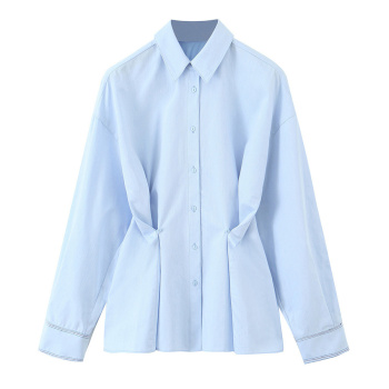 casual non-stretch solid color lapel waist design blouses