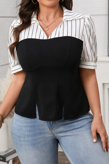 casual non-stretch non-stretch stripe patchwork slim fit slit shirt