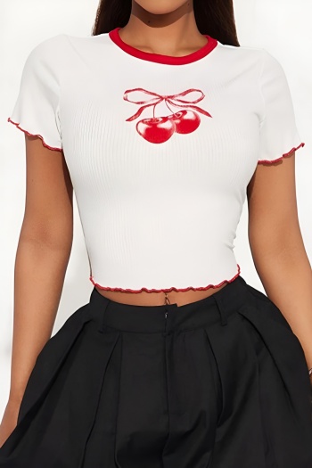 stylish slight stretch cherry printing slim all-match t-shirt