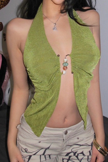 sexy slight stretch halter-neck beaded decor tank top