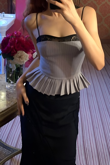 sexy slight stretch lace trim stripe printing tank top