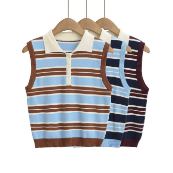 casual slight stretch 3 colors ribbed knit lapel stripe pattern tank top