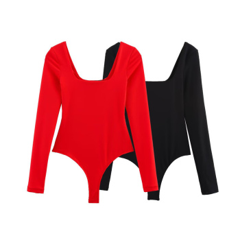 casual slight stretch square neck solid color bodysuit