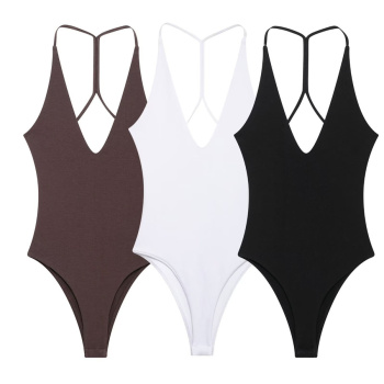 exquisite slight stretch 3 colors solid color sling bodysuit