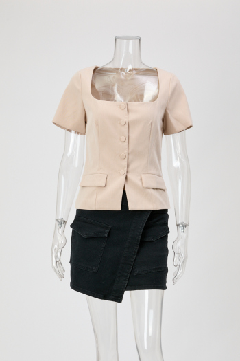 xs-l stylish non-stretch tatting pure color square-neck single-breated top